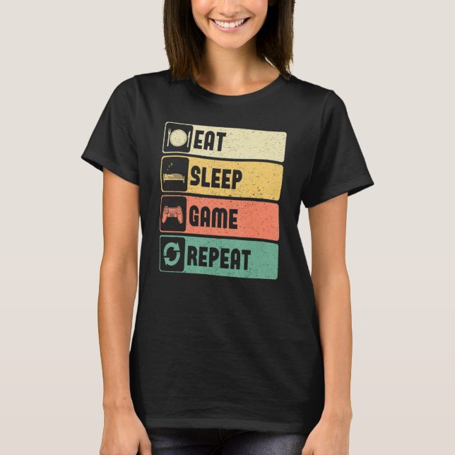 Camiseta Funny Gamer Quote Eat Sleep Game Repeat, Cool Vint (Frente)