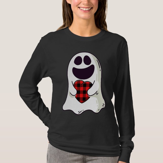 Camiseta Funny Ghost Hugging Red Hearts Plaid buffalo Valen (Frente)