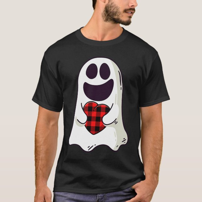 Camiseta Funny Ghost Hugging Red Hearts Plaid buffalo Valen (Frente)