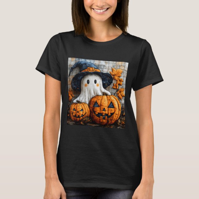 Camiseta Funny Ghost Pumpkin Cute Halloween Patchwork Art  (Frente)
