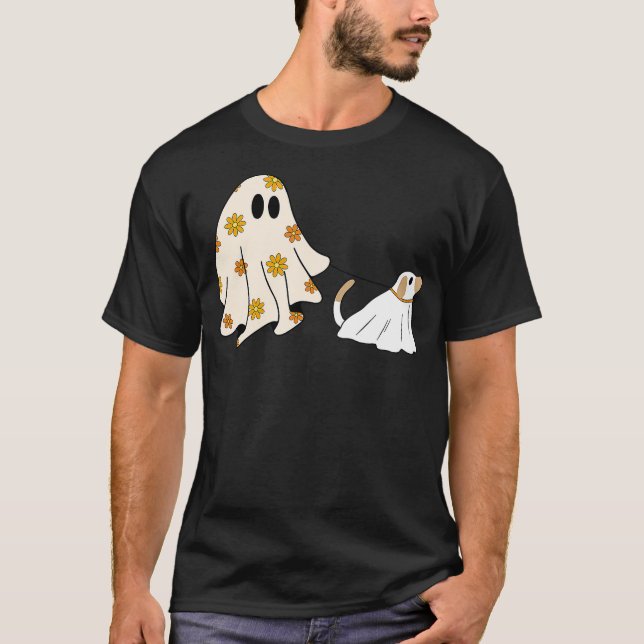 Camiseta Funny Ghost Walking Dog Spooky Season Halloween Fl (Frente)