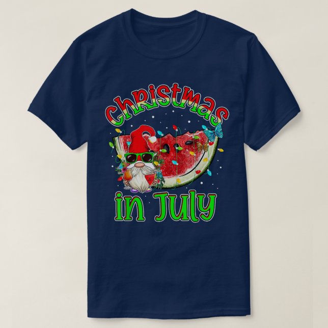 Camiseta Funny Gnomo Summer Watermelon Xmas Luzes de Natal (Frente do Design)