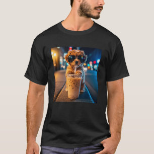 Camiseta Funny Goldendoodle Bebendo Café Gelado Animal Mem
