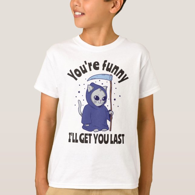 Camiseta Funny Grim Reaper Cat Halloween Costume (Frente)