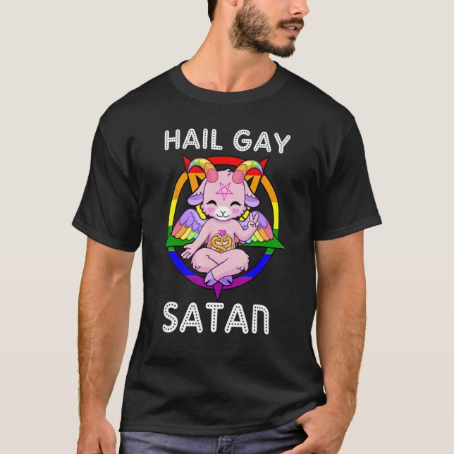 Camiseta Funny Hail Gay Satan LGBT Goth Gay Pride Baphomet (Frente)