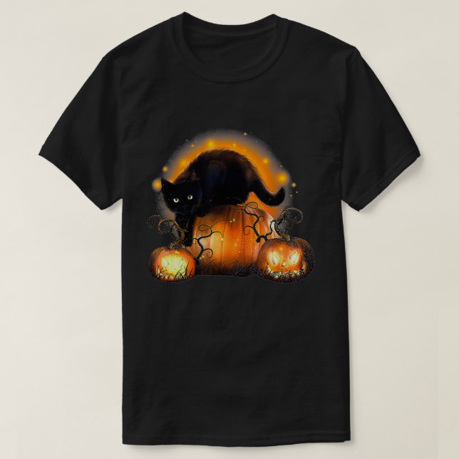 Camiseta Funny Halloween Black Cat And Pumpkin JackOLantern (Frente do Design)
