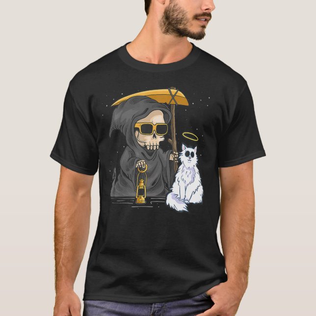 Camiseta Funny Halloween Cat Grim Reaper Ghost Angle Kitten (Frente)