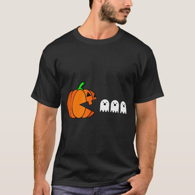 Camiseta Funny Halloween Pumpkin Eating Ghost, Gamer Men Wo (Frente)
