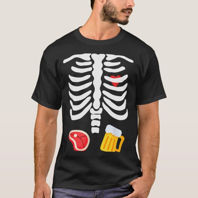 Camiseta Funny Halloween Skeleton Beer &amp; Steak Costume  (Frente)