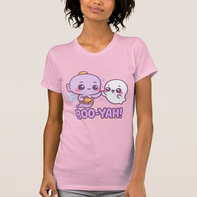 Camiseta Funny Halloween Sticker – Kawaii Genie & Ghost (Frente)