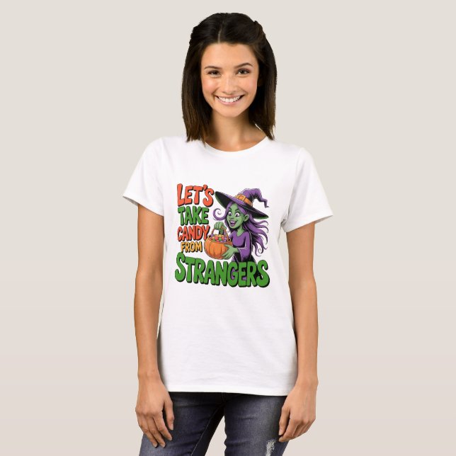 Camiseta Funny Halloween Witch Candy Trick or Treat Tee (Frente Completa)