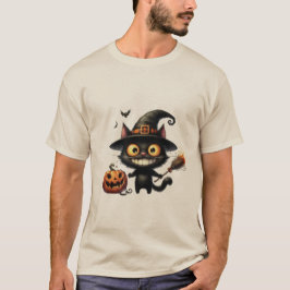Camiseta Funny Halloween Witch Cat with Magic Broom 🐾🧹