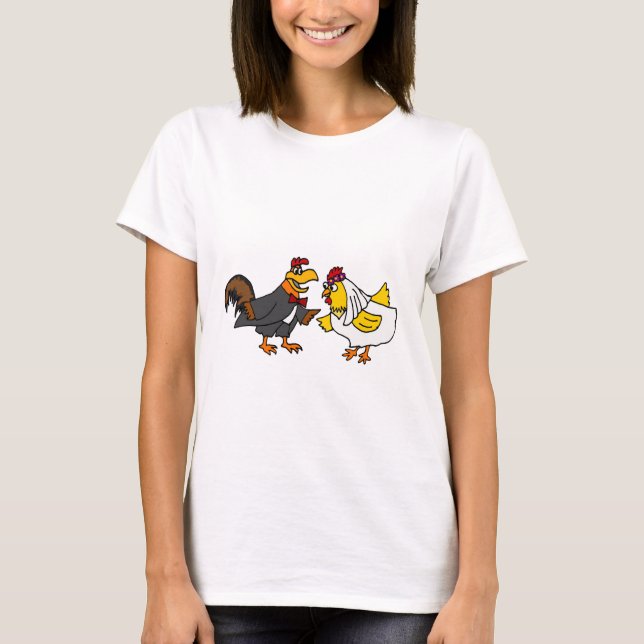 Camiseta Funny Hen Bride e Rooster Groom Weding (Frente)