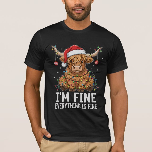 Camiseta Funny Highland Cow Tangled in Christmas Lights Hol (Frente)