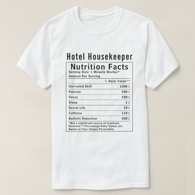 Camiseta Funny Hotel Housekeeper Nutrition Facts Worker  (Frente do Design)