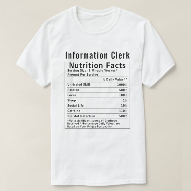 Camiseta Funny Information Clerk Nutrition Facts Staff Gift (Frente do Design)