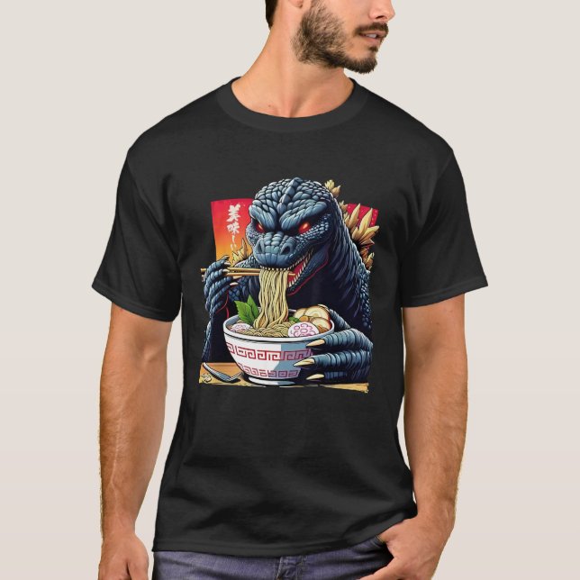 Camiseta Funny Kaiju Comendo Ramen Monstro Japonês Bi (Frente)