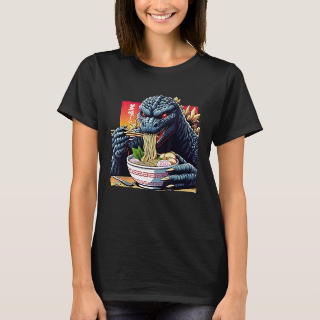 Camiseta Funny Kaiju Comendo Ramen Monstro Japonês Bi (Frente)