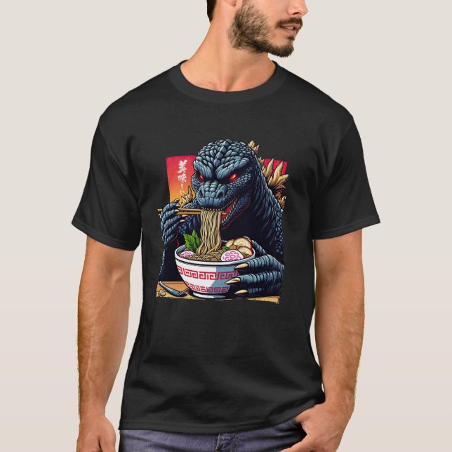 Camiseta Funny Kaiju Comendo Ramen Monstro Japonês Bi (Frente)