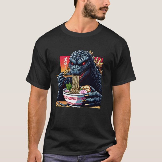 Camiseta Funny Kaiju Comendo Ramen Monstro Japonês Bi (Frente)