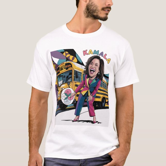 Camiseta Funny Kamala Harris em frente ao ônibus escolar (Frente)