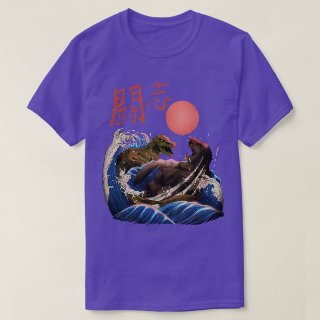 Camiseta Funny Kanagawa Wave com Kanji Dinossaur Kaiju (Frente do Design)