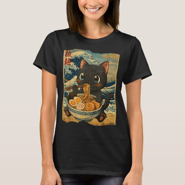 Camiseta Funny Kawaii Black Cat Ramen Noodle Bowl Japanese  (Frente)