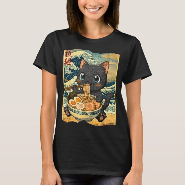 Camiseta Funny Kawaii Black Cat Ramen Noodle Bowl Japanese  (Frente)