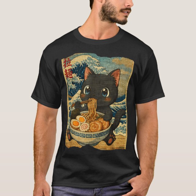 Camiseta Funny Kawaii Black Cat Ramen Noodle Bowl Japanese  (Frente)