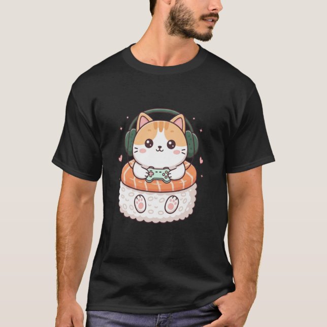 Camiseta Funny Kawaii Cat Gamer Sushi Cute Anime Men Boys K (Frente)