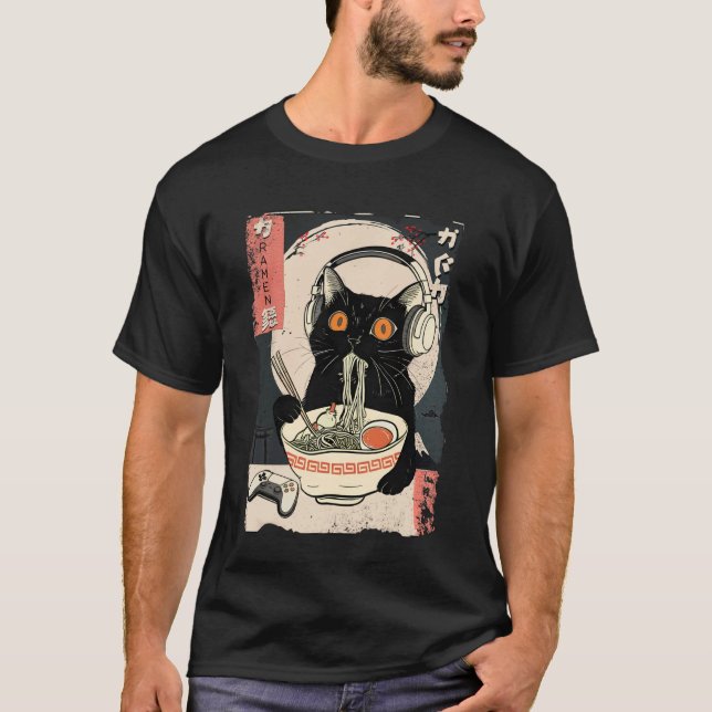 Camiseta Funny Kawaii Gamer Cat Retro Japanese Cat Ramen Ga (Frente)