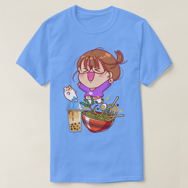 Camiseta Funny Kawaii Girl Cat Eating Ramen And Boba Milk T (Frente do Design)