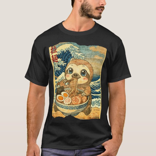 Camiseta Funny Kawaii Sloth Ramen Noodle Bowl Japanese Wave (Frente)