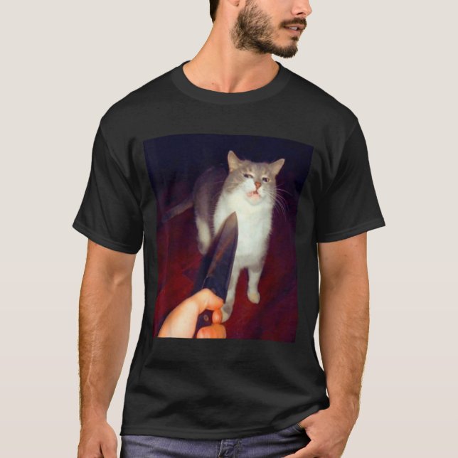 Camiseta Funny Knife Cat Meme  (Frente)