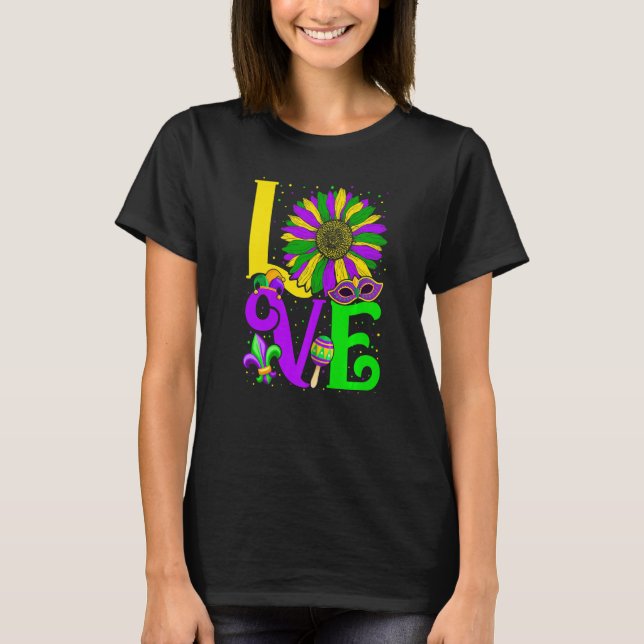 Camiseta Funny LOVE Mardi Gras Sunflower Fleur De Lys Costu (Frente)