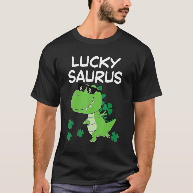 Camiseta Funny Lucky Saurus Dinosaur Irish Shamrock Rua Pat (Frente)