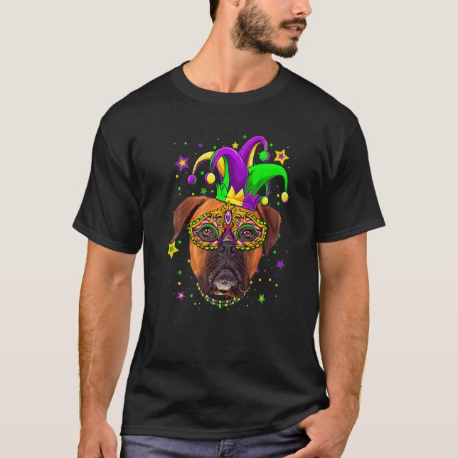 Camiseta Funny Mardi Gras Boxer Dog Beads Mask Mardi Gras P (Frente)