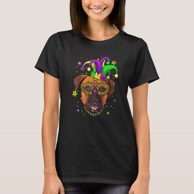 Camiseta Funny Mardi Gras Boxer Dog Beads Mask Mardi Gras P (Frente)