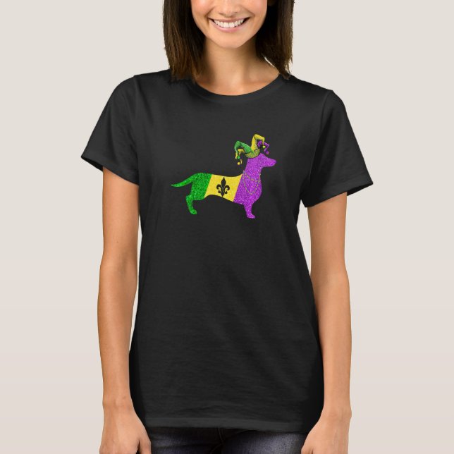 Camiseta Funny Mardi Gras Dachshund Dog Mardi Gras Hat Bead (Frente)