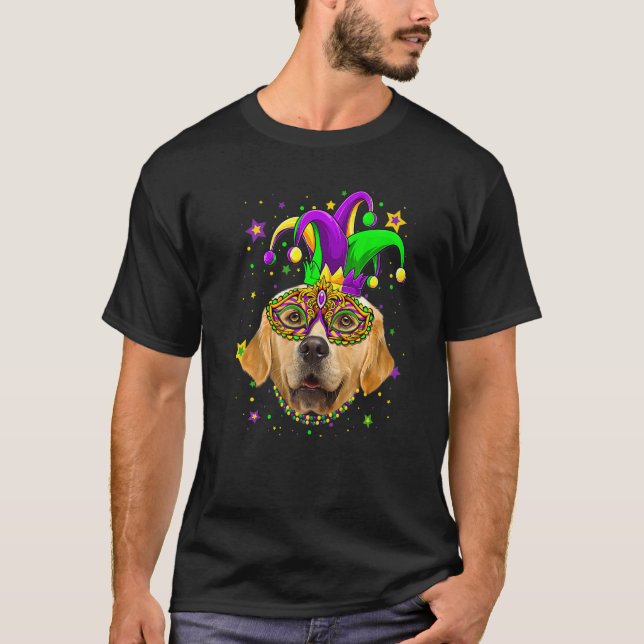 Camiseta Funny Mardi Gras Golden Retriever Dog Beads Mask M (Frente)