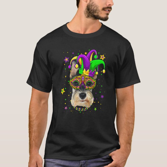 Camiseta Funny Mardi Gras Schnauzer Dog Beads Mask Mardi Gr (Frente)