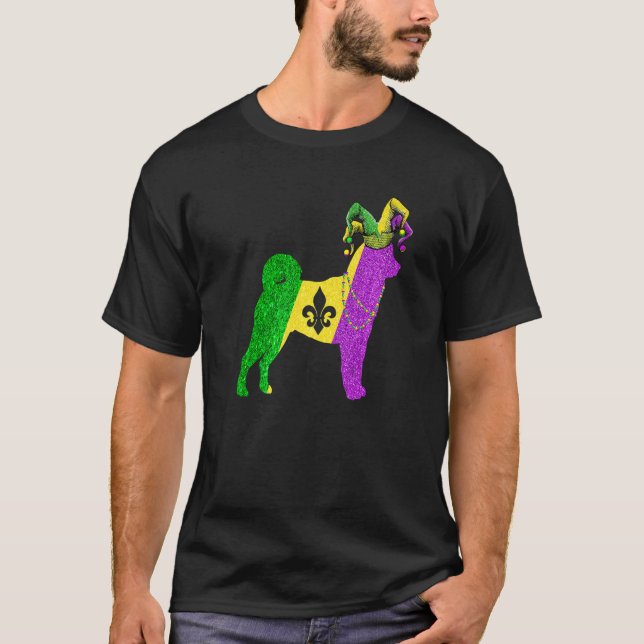 Camiseta Funny Mardi Gras Shiba Inu Dog Mardi Gras Hat Bead (Frente)