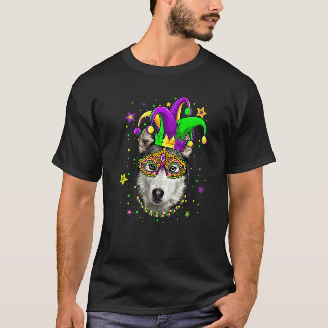 Camiseta Funny Mardi Gras Siberian Husky Dog Beads Mask Mar (Frente)