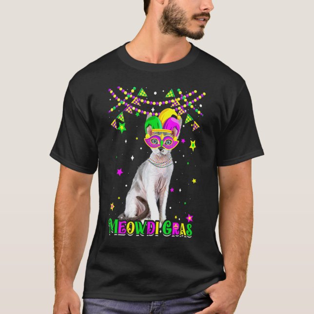 Camiseta Funny Meowdi Gras Devon Rex Cat Mardi Gras Carniva (Frente)