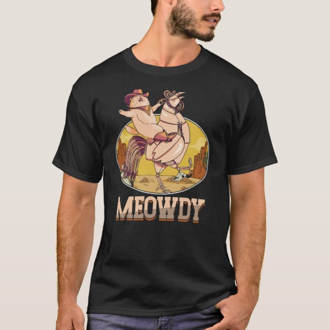 Camiseta Funny Meowdy  Cat Riding Robot Chicken  Cowboy Wil (Frente)
