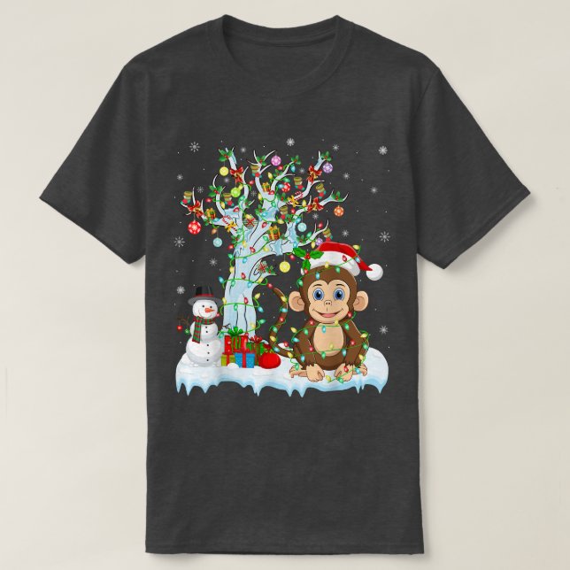 Camiseta Funny Monkey Xmas Tree Lighting Santa Hat Monkey C (Frente do Design)