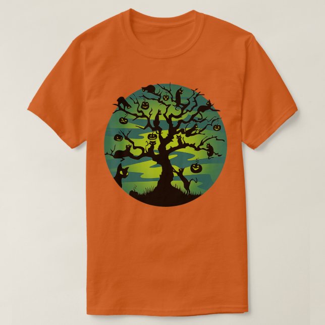 Camiseta Funny Moon Black Cats Pumpkin Tree Moon Halloween  (Frente do Design)