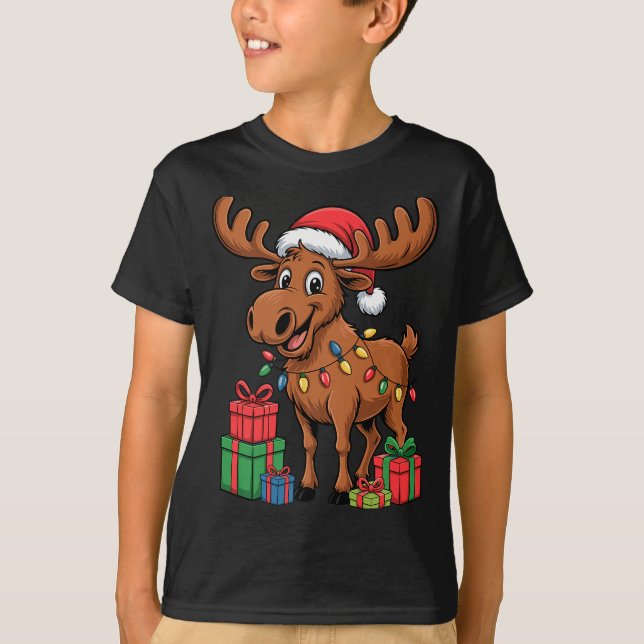 Camiseta Funny Moose Santa Hat Animals Lovers Ugly Christma (Frente)