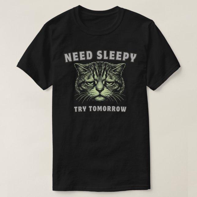 Camiseta Funny “Need Sleep” Tired Cat Minimalist (Frente do Design)