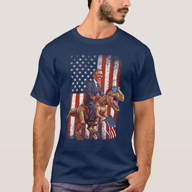 Camiseta Funny Obama Riding TRex Patriotic and Sarcastic US (Frente)